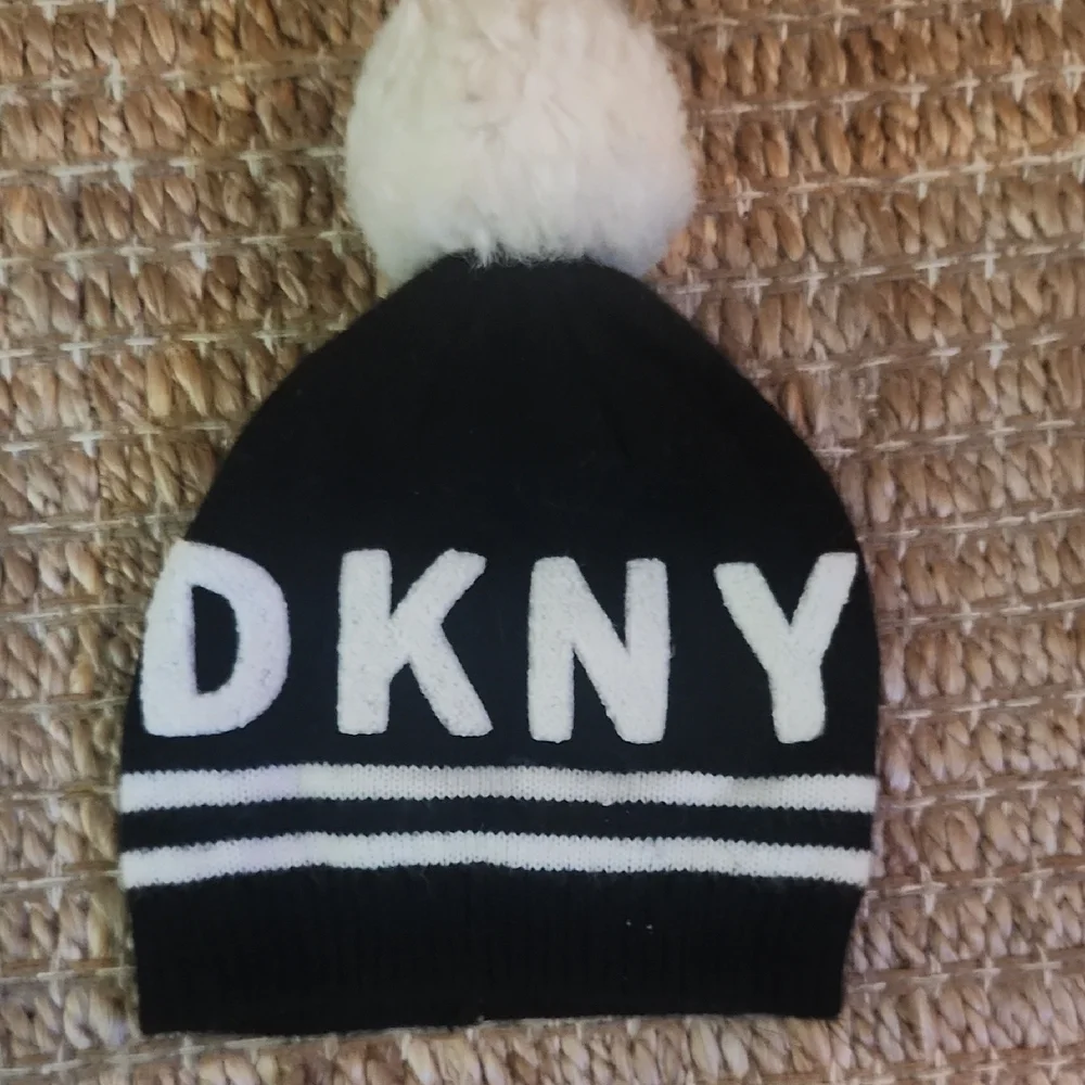 DKNY Black and White Pom-Pom Beanie - Picture 1 of 3